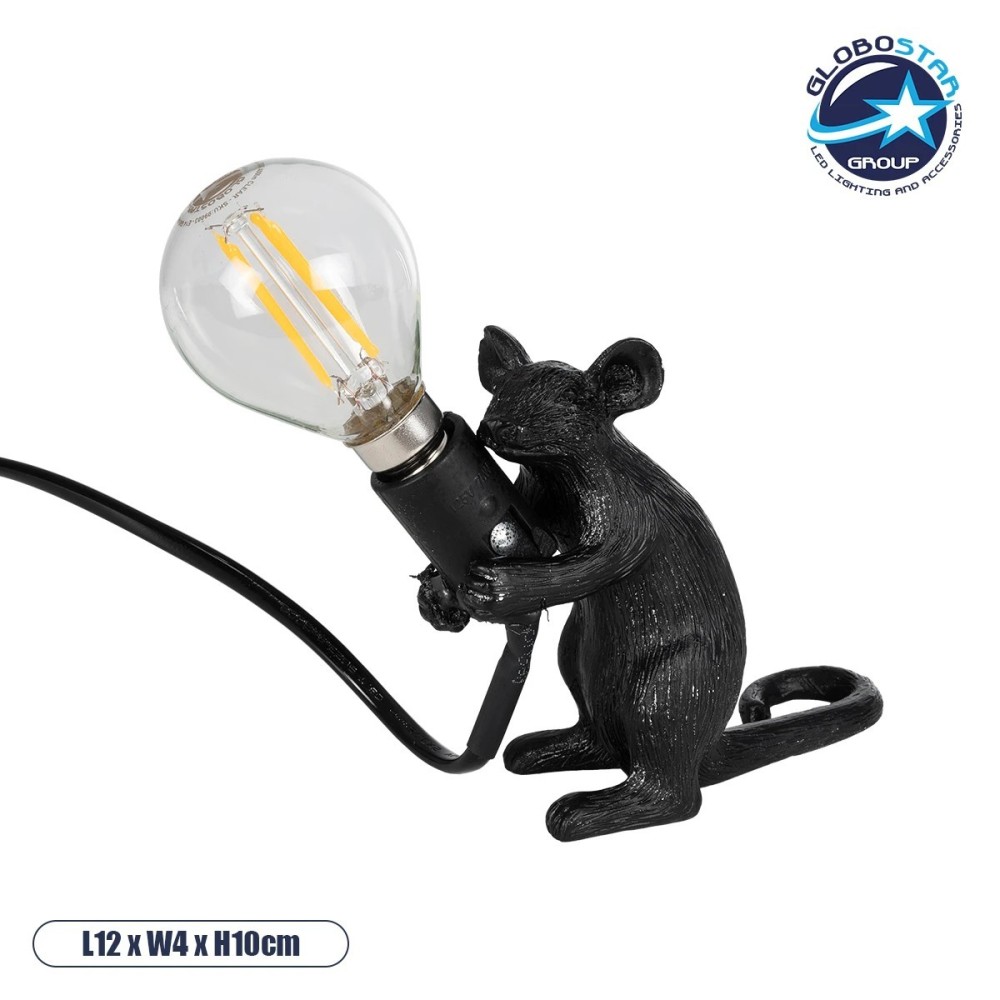 GLOBOSTAR® MOUSE 00678 Vintage Επιτραπέζιο Φωτιστικό Πορτατίφ με Ντουί 1 x E12 AC 220-240V IP20 - Μαύρο - Μ12 x Π4 x Υ10cm